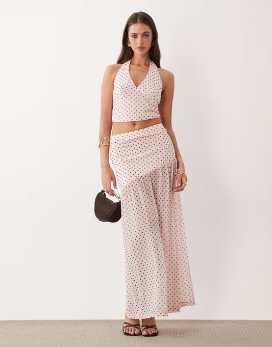 The Frolic exclusive chiffon v-neck sleeveless top, mini skirt and maxi skirt set in pink polka dot