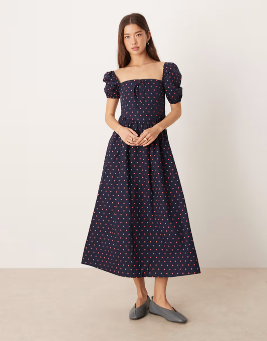 Glamorous square neck puff sleeve midaxi dress in navy/pink polka dot
