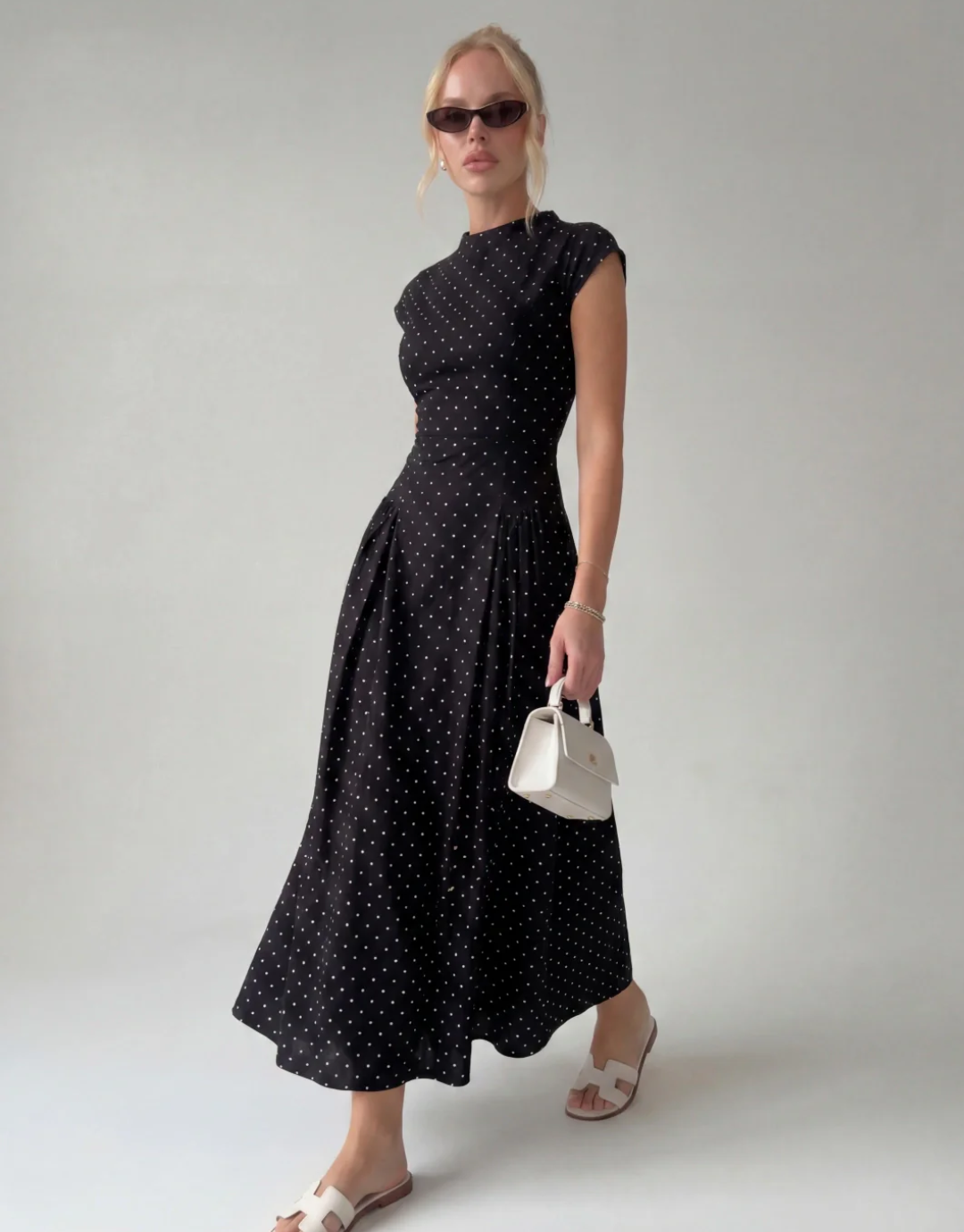 Vintage Polka Dot Ruched Midi Dress