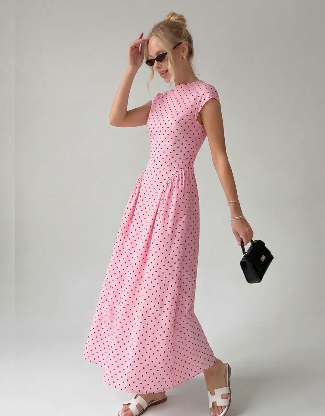 Vintage Polka Dot Ruched Midi Dress