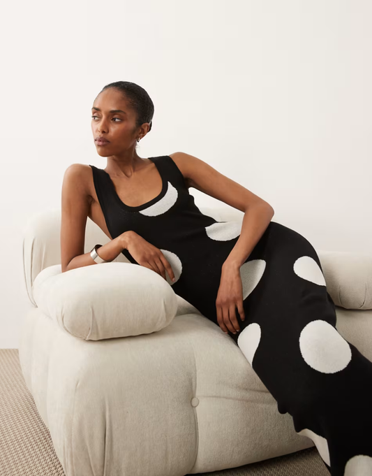 Knitted maxi dress in black polka dot