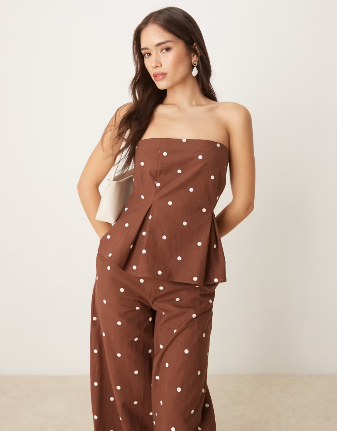 Linen blend cinched waist bandeau top in polka dots - part of a set
