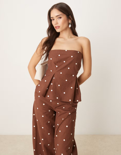 Linen blend cinched waist bandeau top in polka dots - part of a set