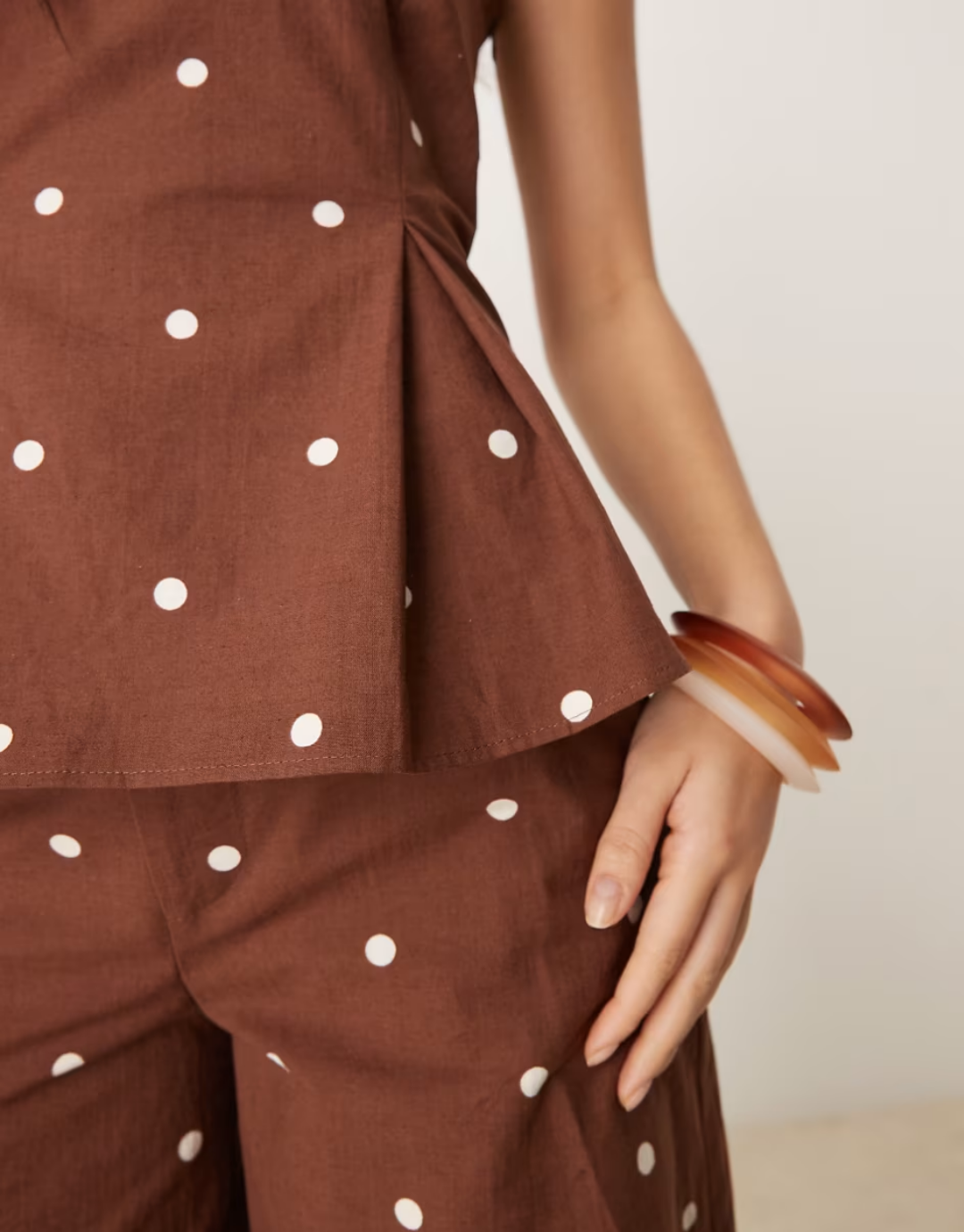 Linen blend cinched waist bandeau top in polka dots - part of a set