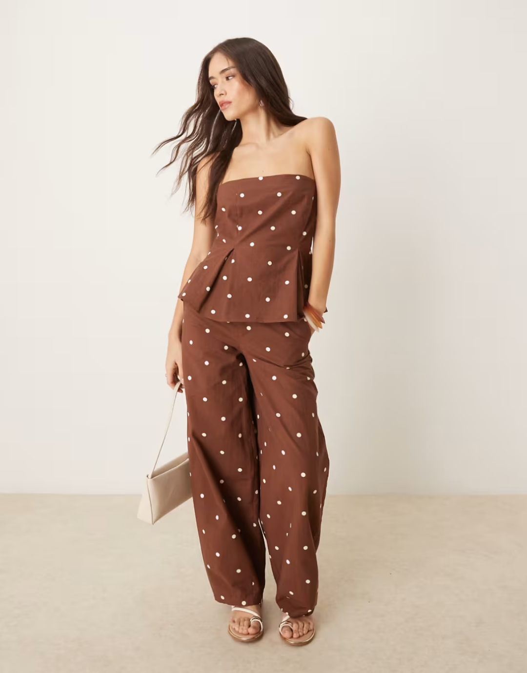 Linen blend cinched waist bandeau top in polka dots - part of a set
