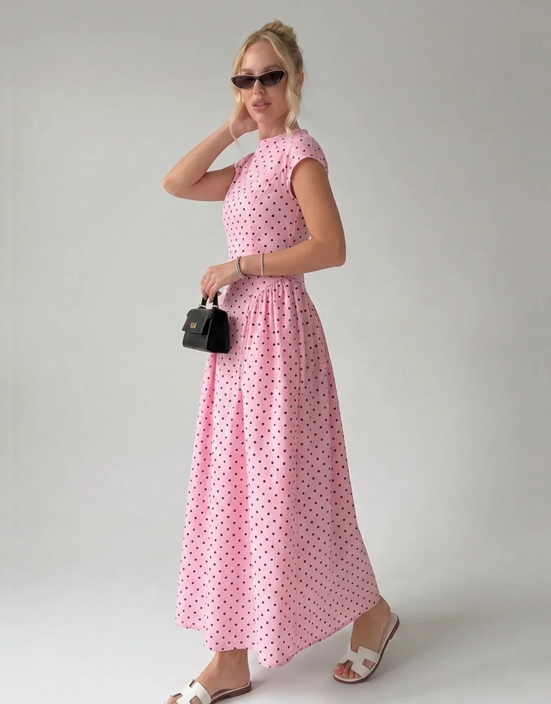 Vintage Polka Dot Ruched Midi Dress