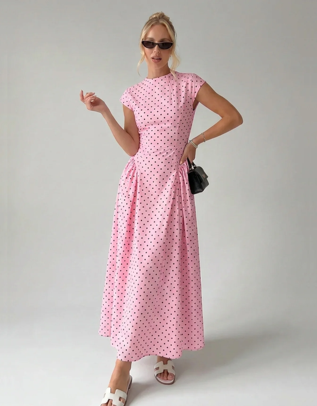 Vintage Polka Dot Ruched Midi Dress