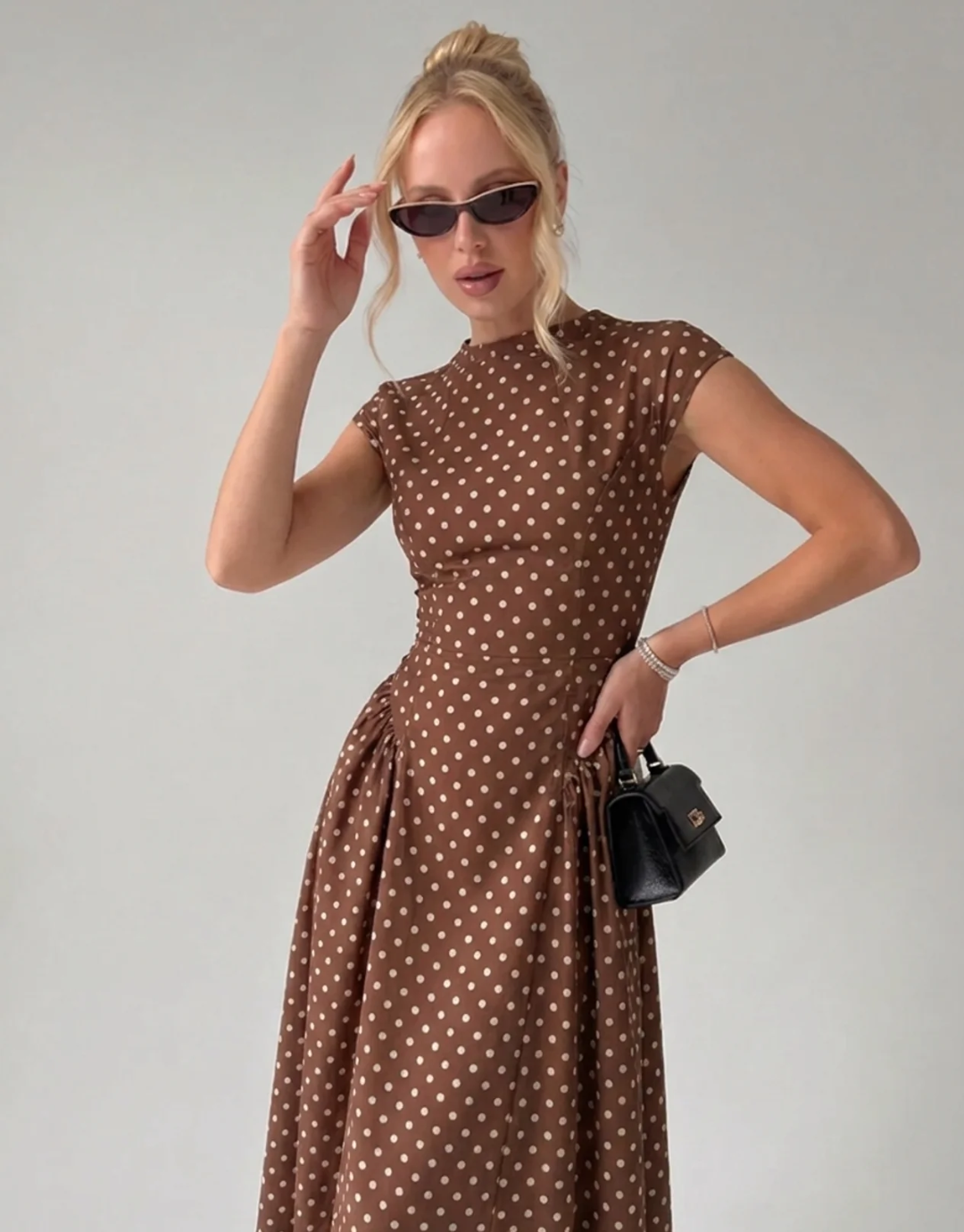 Vintage Polka Dot Ruched Midi Dress
