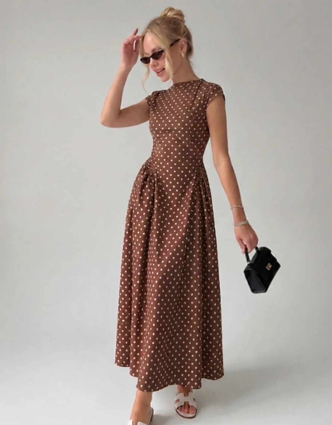 Vintage Polka Dot Ruched Midi Dress