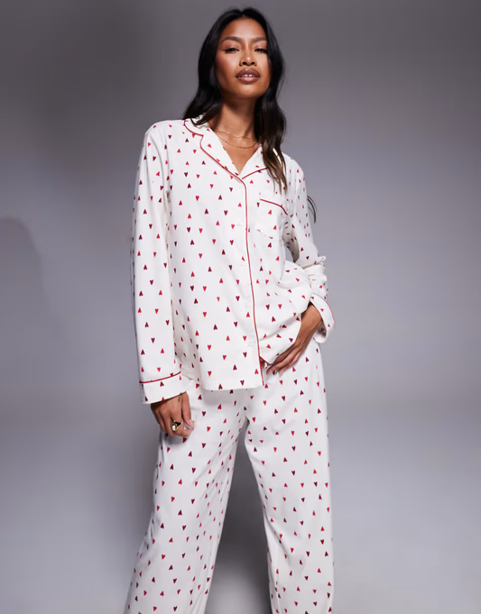 Boux Avenue fleece long sleeve top & pants PJ set in a bag in heart print