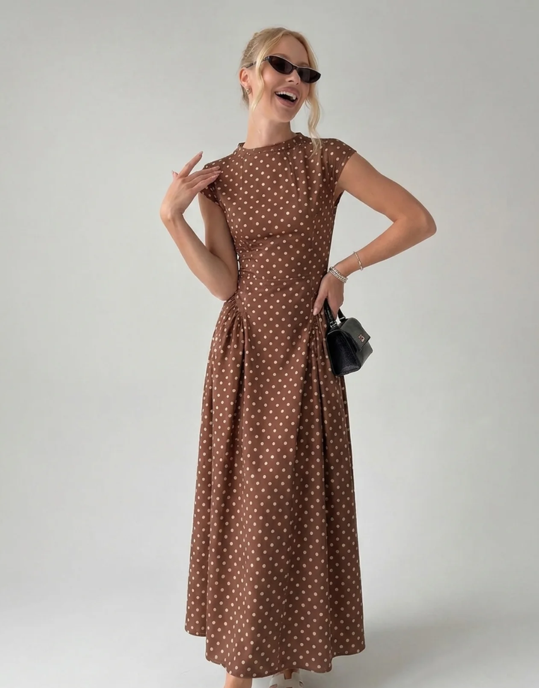 Vintage Polka Dot Ruched Midi Dress