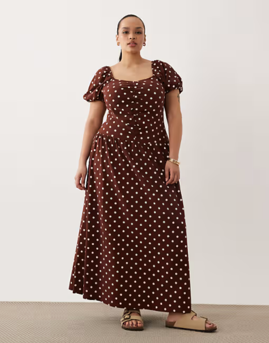 Curve ruched front midi tea dress in chocolate polka dot