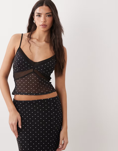 Polka dot mesh set in black
