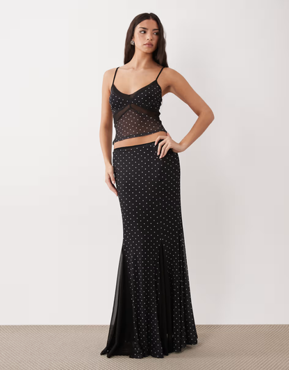 Polka dot mesh set in black