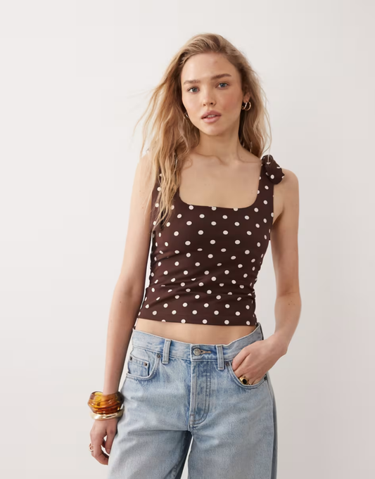 Miss Selfridge tie shoulders top in polka dots