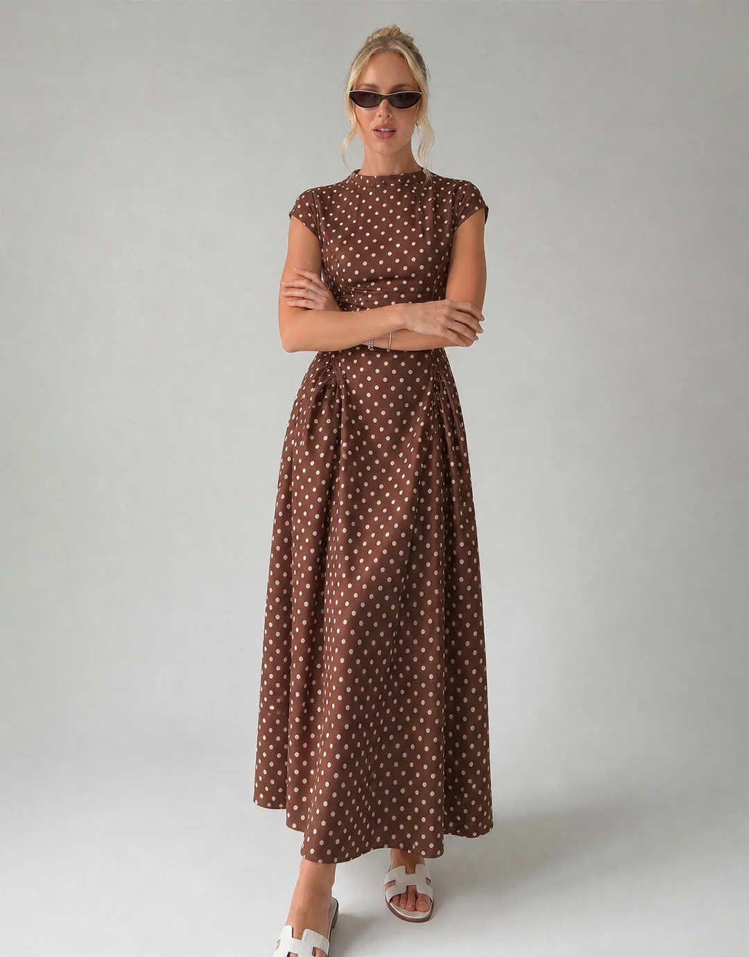 Vintage Polka Dot Ruched Midi Dress