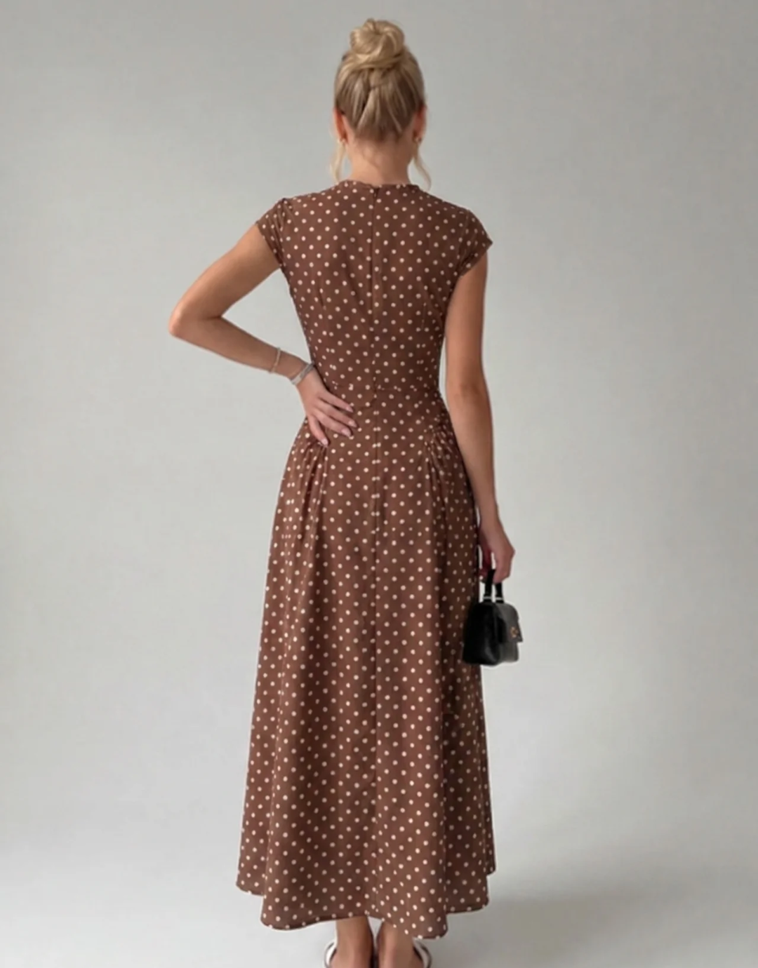 Vintage Polka Dot Ruched Midi Dress