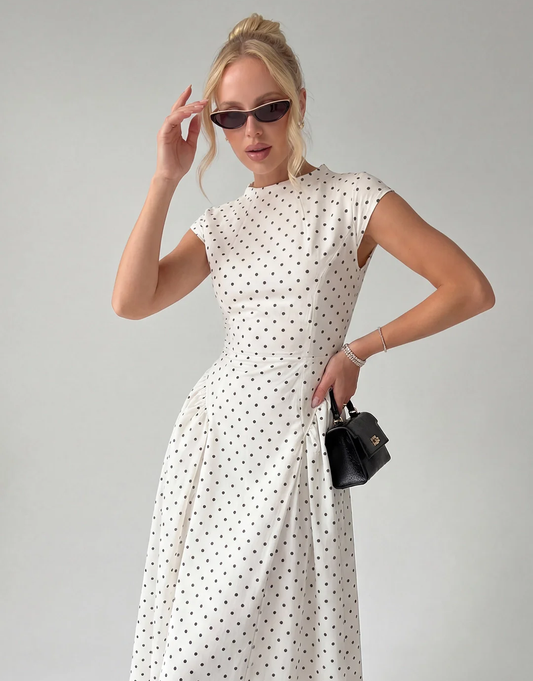 Vintage Polka Dot Ruched Midi Dress