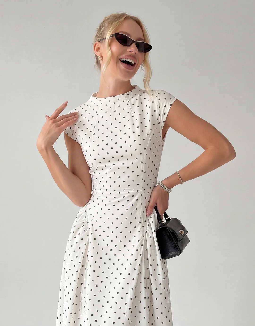 Vintage Polka Dot Ruched Midi Dress