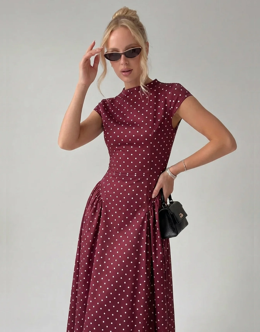 Vintage Polka Dot Ruched Midi Dress