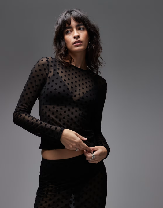 Sheer mesh long sleeve top in black polka dot print