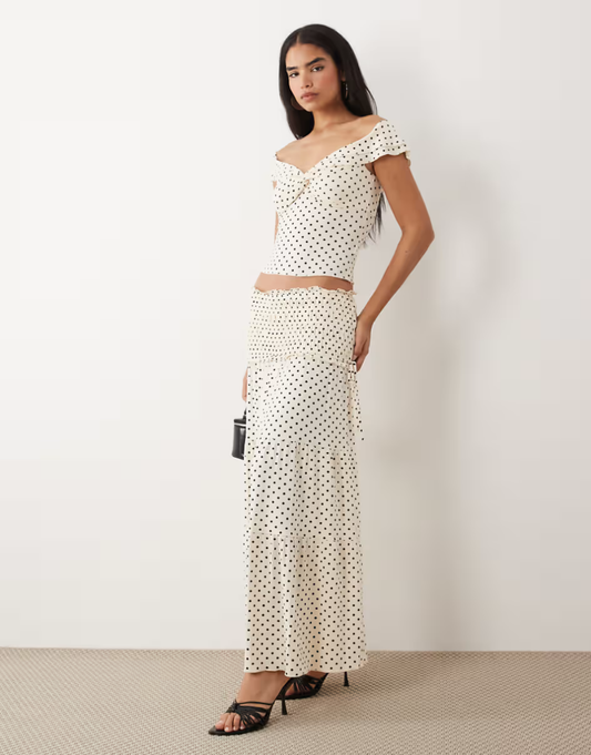 Tiger Mist Denali off-shoulder top and maxi skirt set in white polka dot