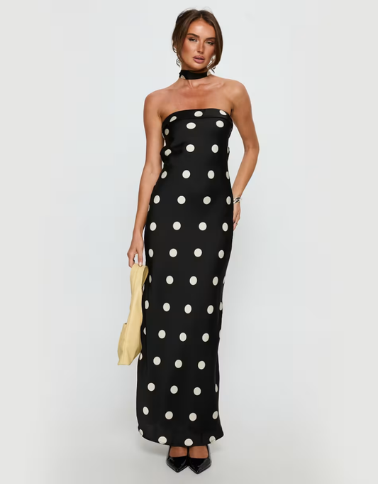 Princess Polly Madilaine satin bandeau foldover detail scarf maxi dress in black polka dot
