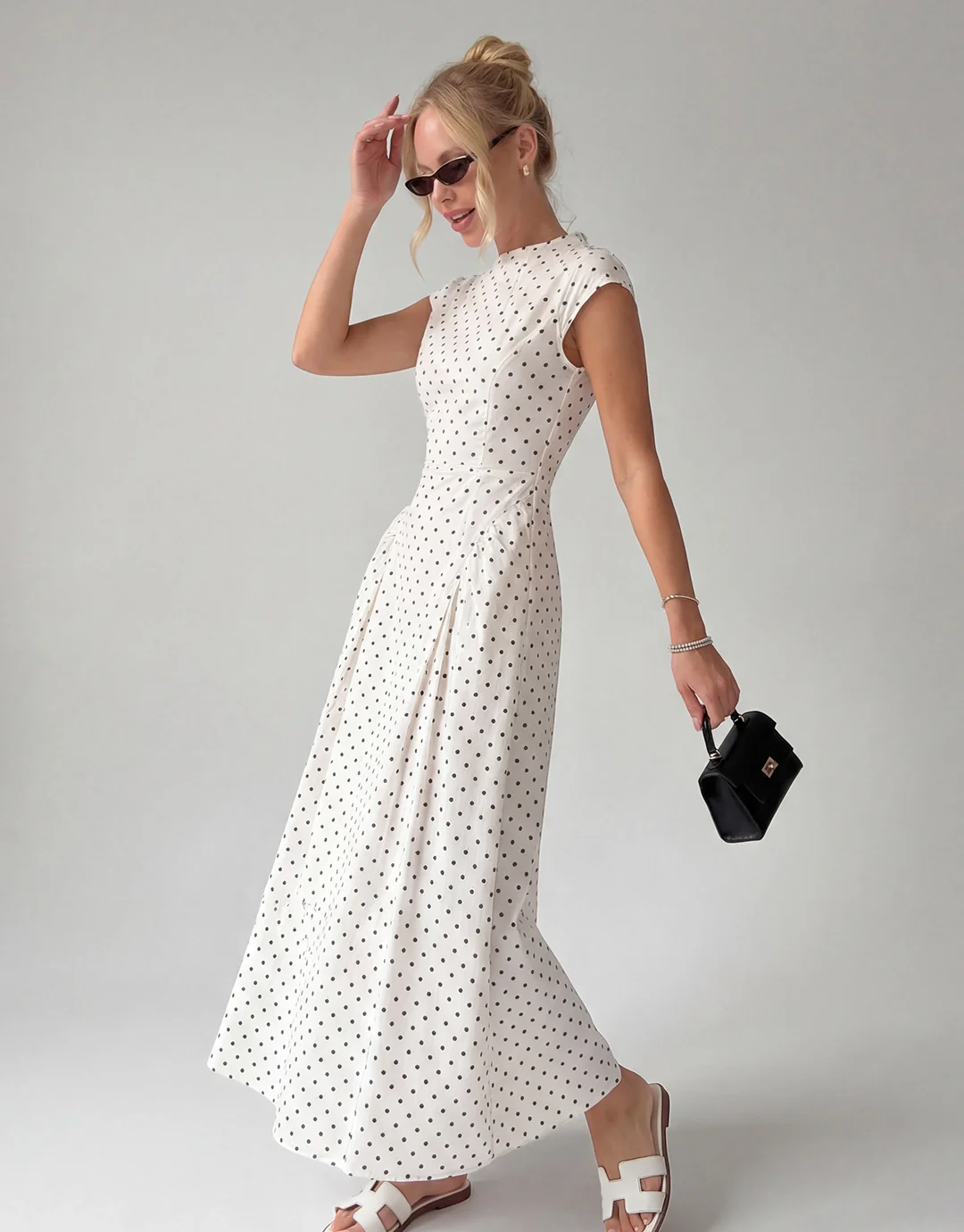 Vintage Polka Dot Ruched Midi Dress