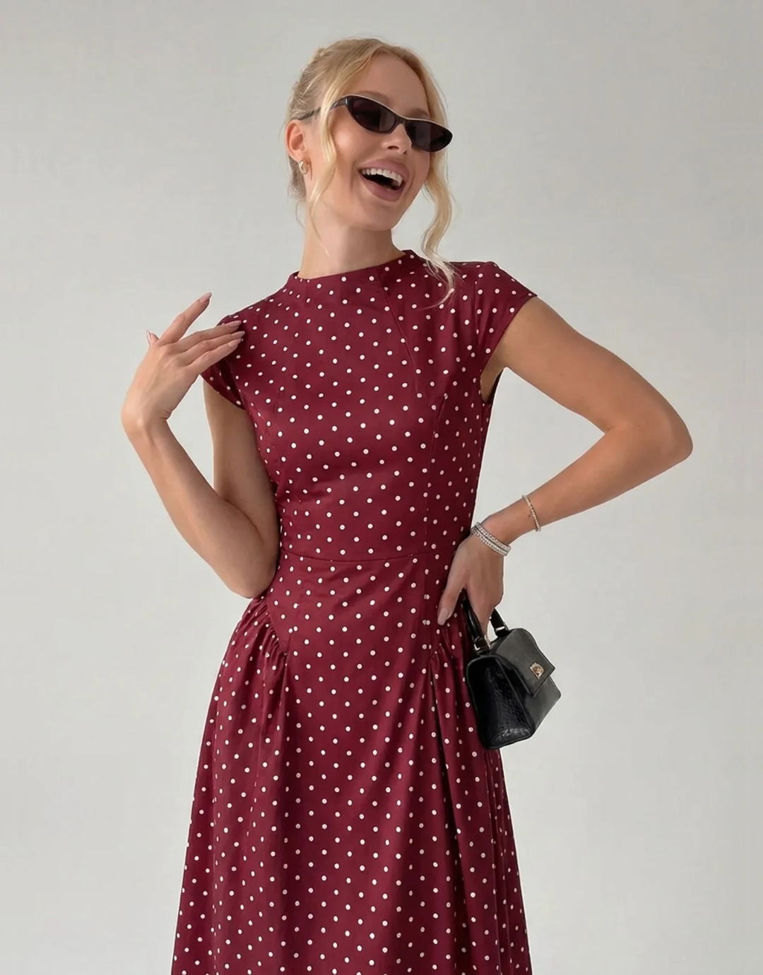 Vintage Polka Dot Ruched Midi Dress
