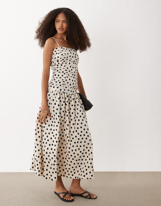 Brave Soul strappy polka dot midi dress with drop waist in cream