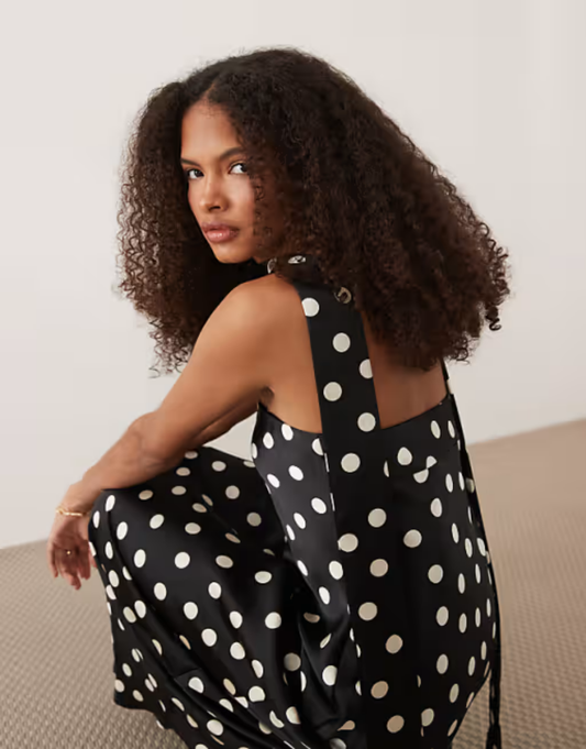 Mango satin off shoulder maxi dress with scarf detail in polka dot