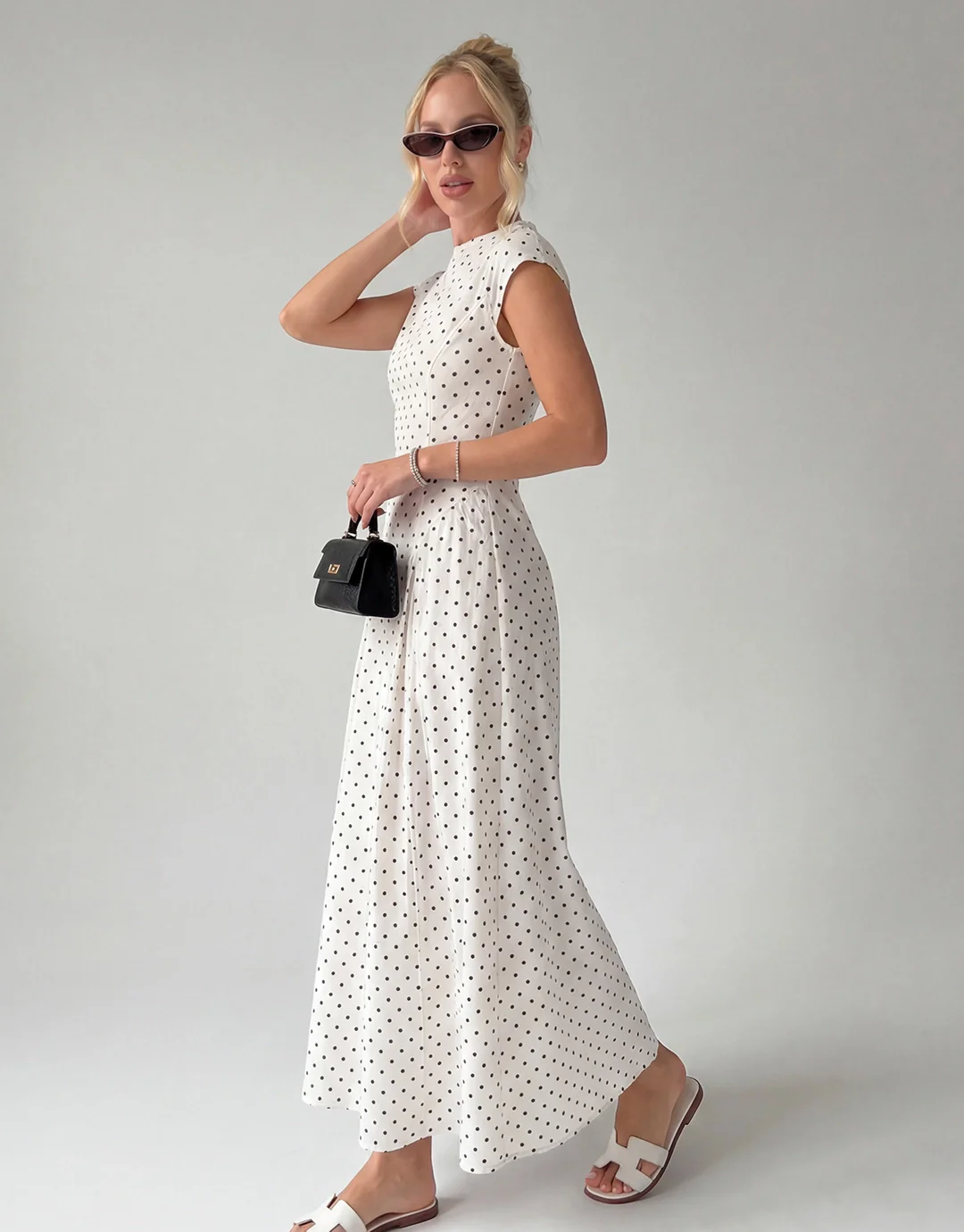 Vintage Polka Dot Ruched Midi Dress