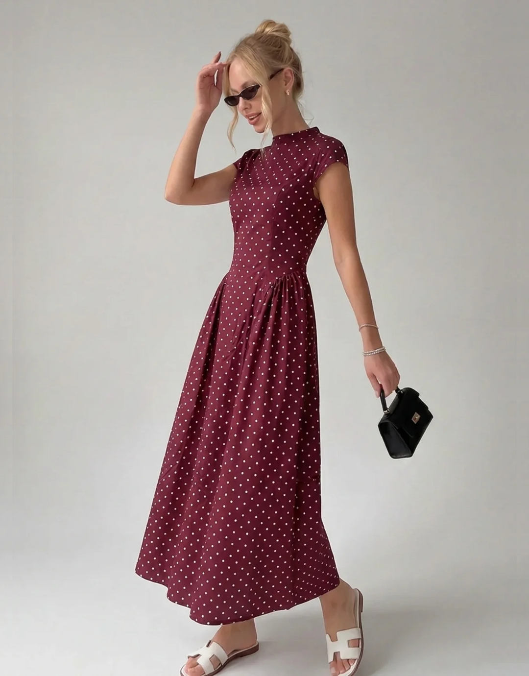 Vintage Polka Dot Ruched Midi Dress