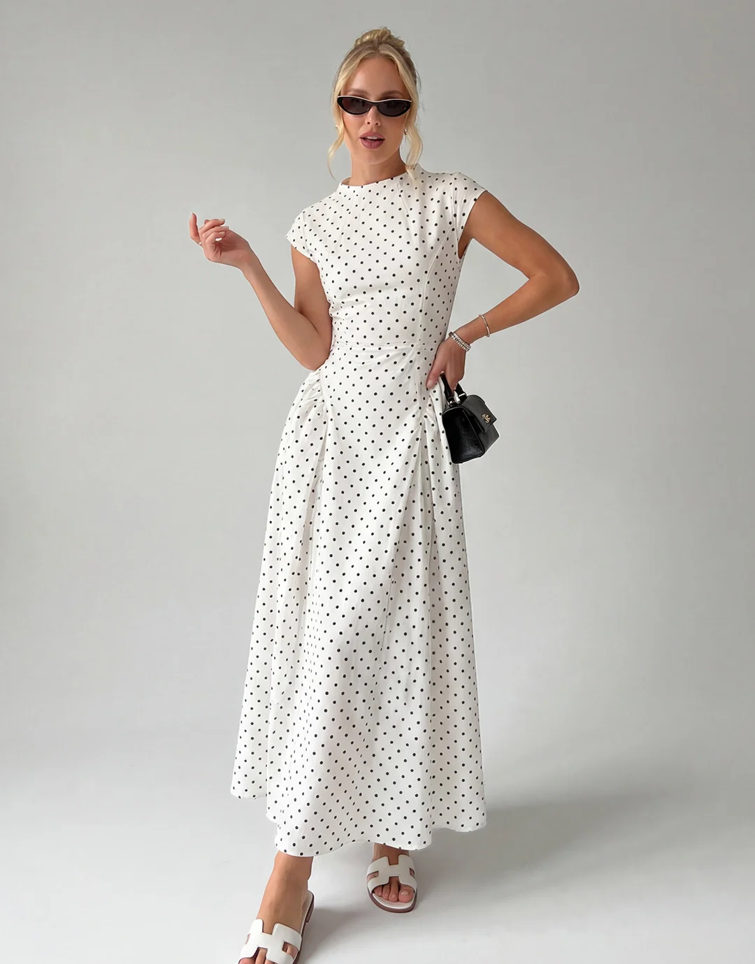 Vintage Polka Dot Ruched Midi Dress