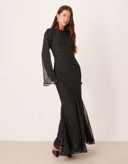 Flare sleeve maxi dress in spot print