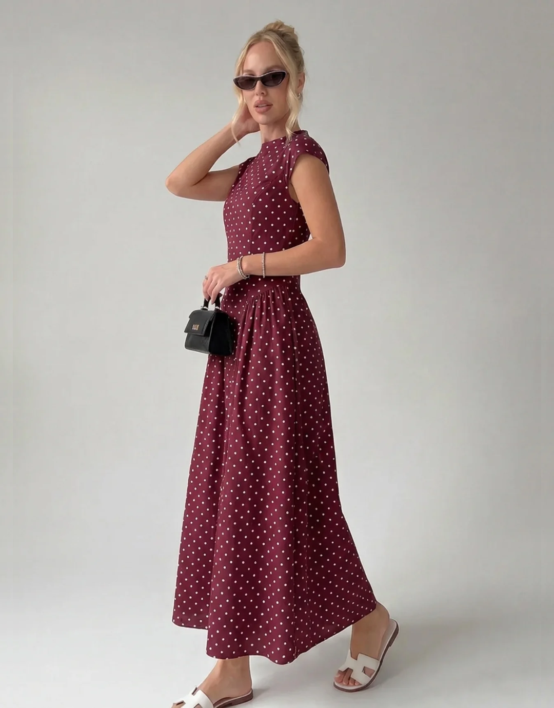 Vintage Polka Dot Ruched Midi Dress