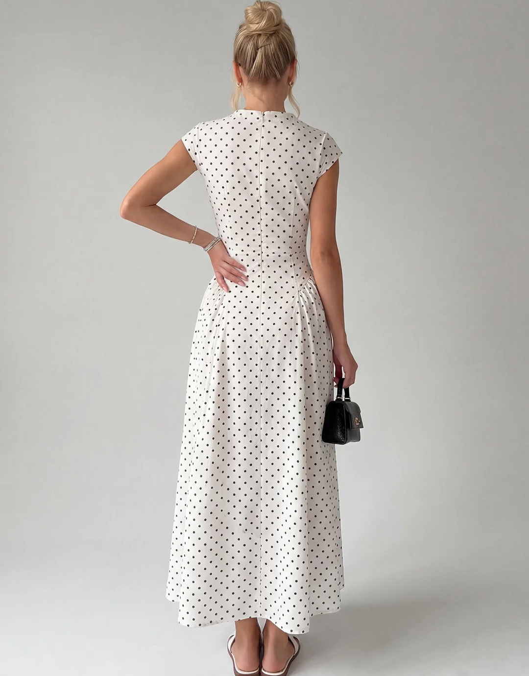 Vintage Polka Dot Ruched Midi Dress