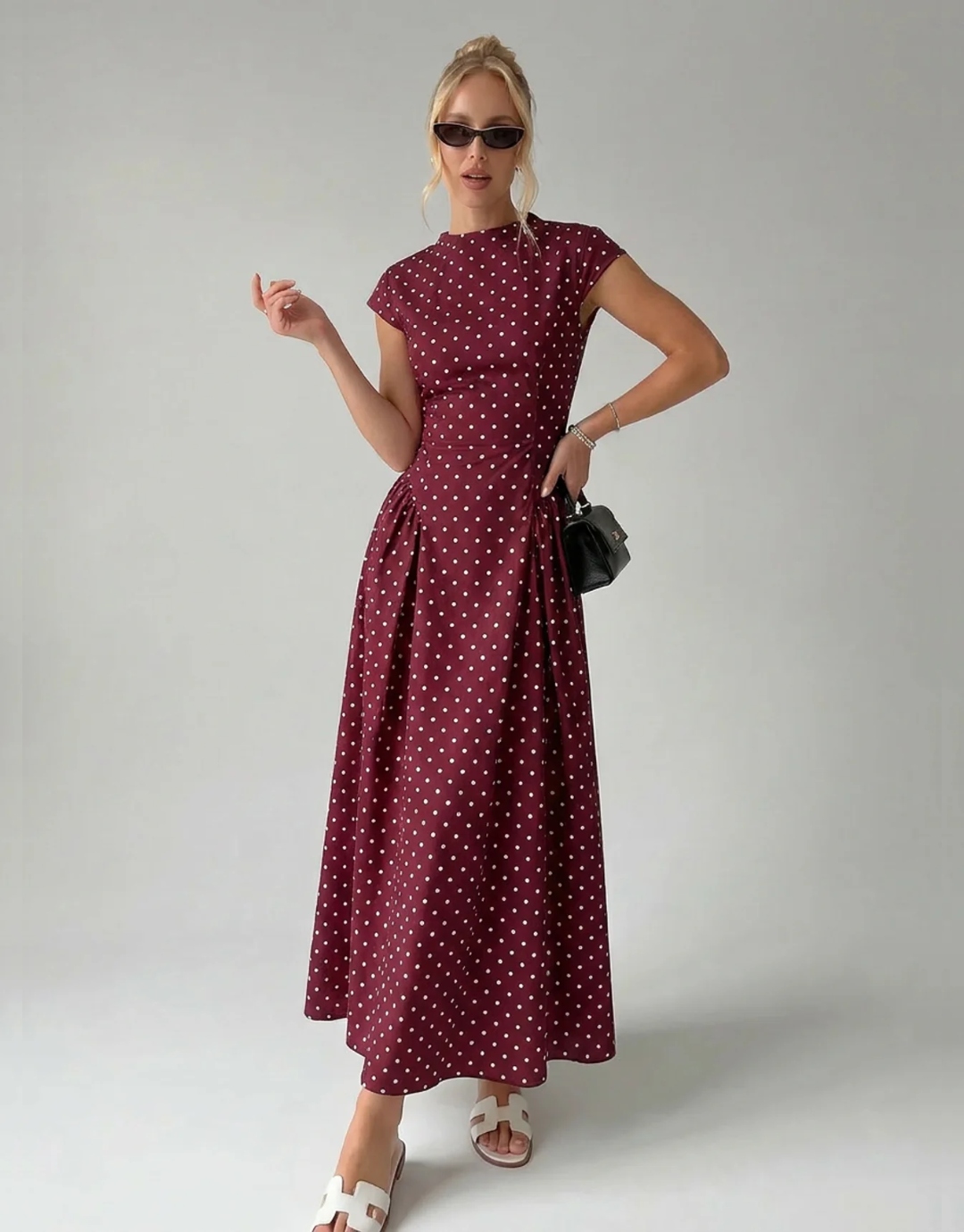 Vintage Polka Dot Ruched Midi Dress
