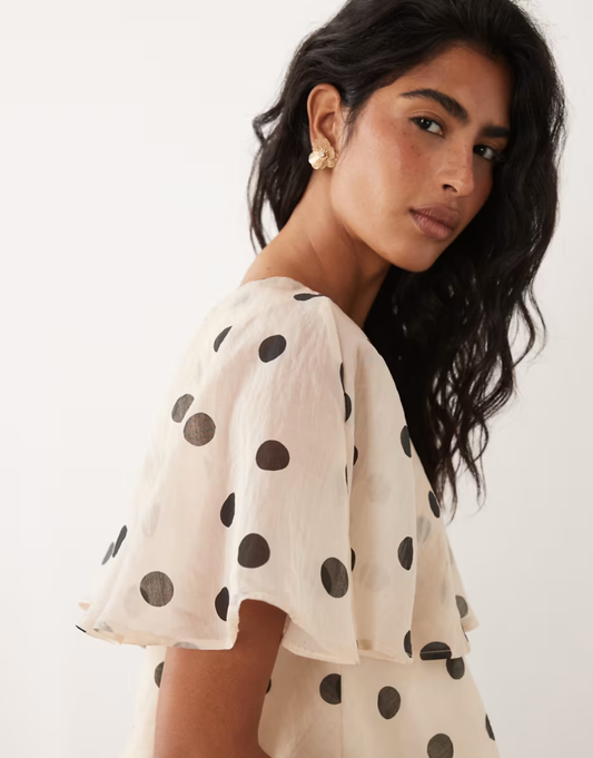 JDY ruffles detail one shoulder top in cream polka dots