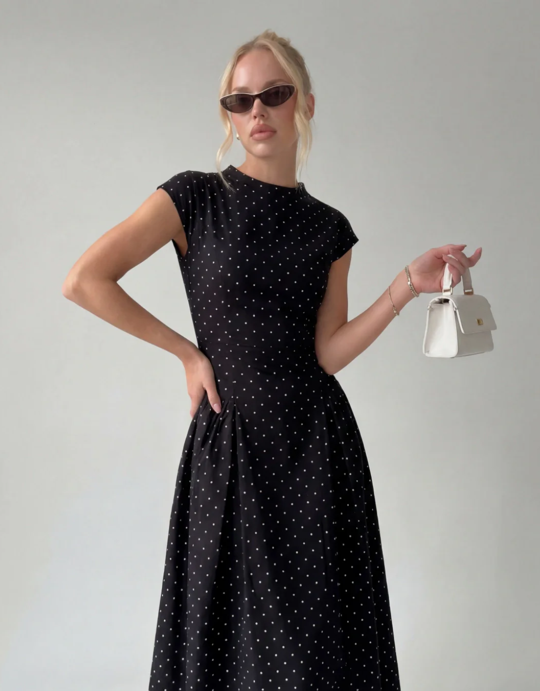 Vintage Polka Dot Ruched Midi Dress