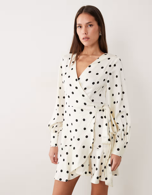 VILA long sleeve satin wrap mini dress in cream polka dot