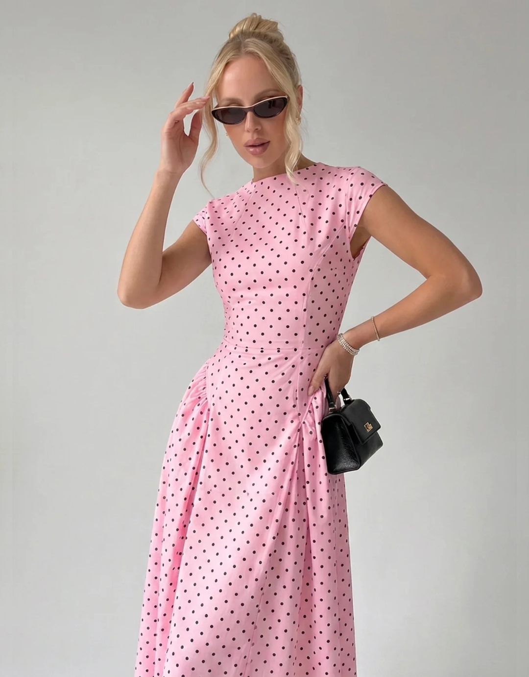Vintage Polka Dot Ruched Midi Dress