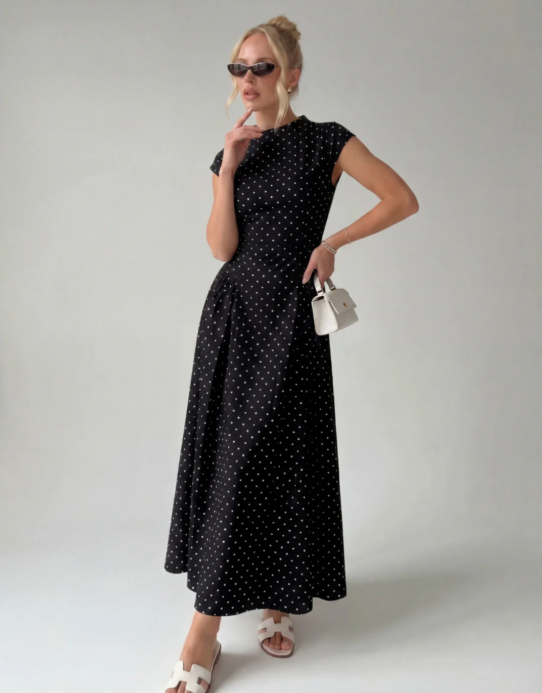 Vintage Polka Dot Ruched Midi Dress