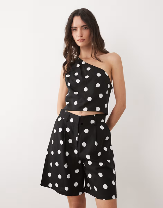 Mango Abrei linen mix one-shoulder crop top & shorts set in black and white polka dot