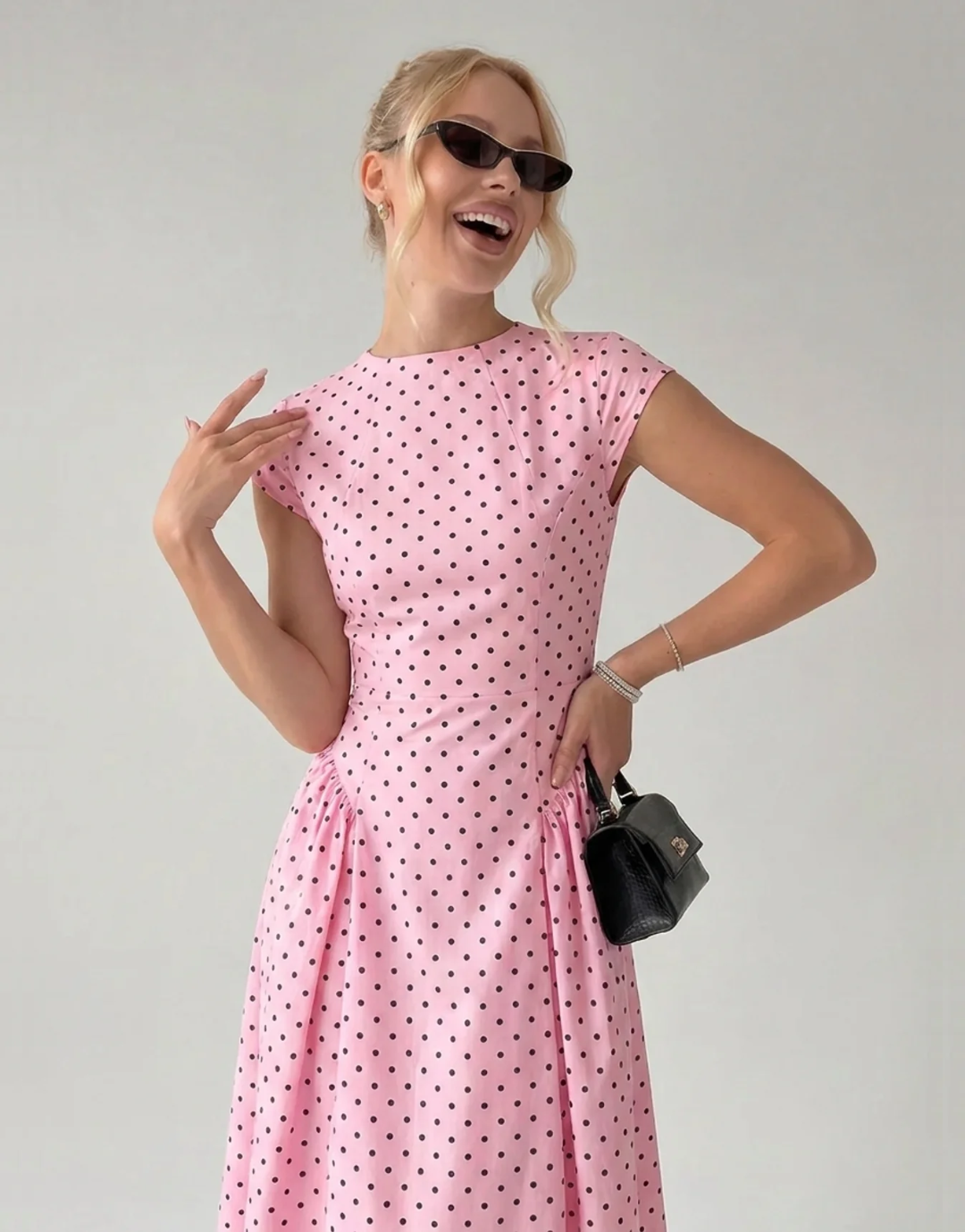 Vintage Polka Dot Ruched Midi Dress