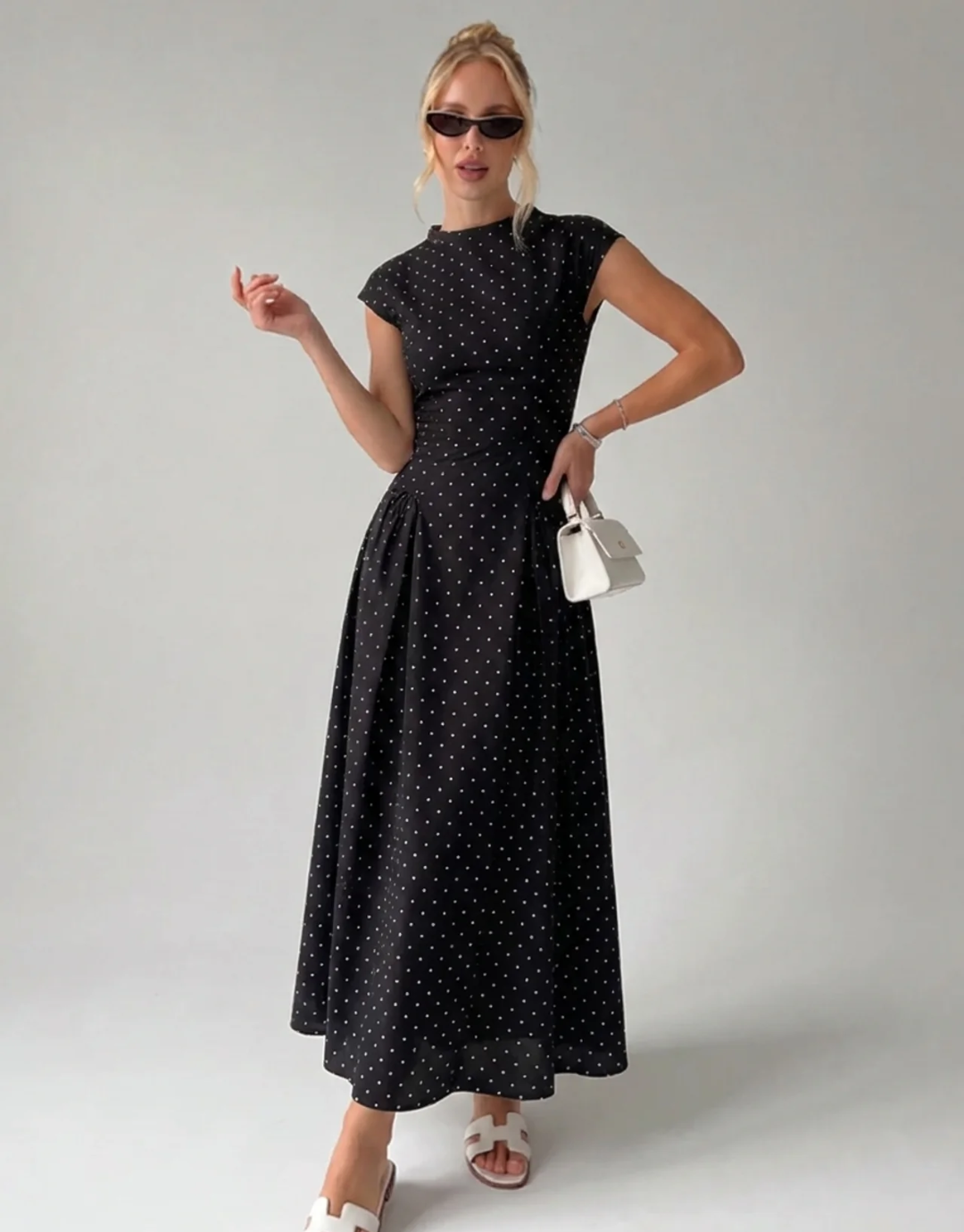 Vintage Polka Dot Ruched Midi Dress